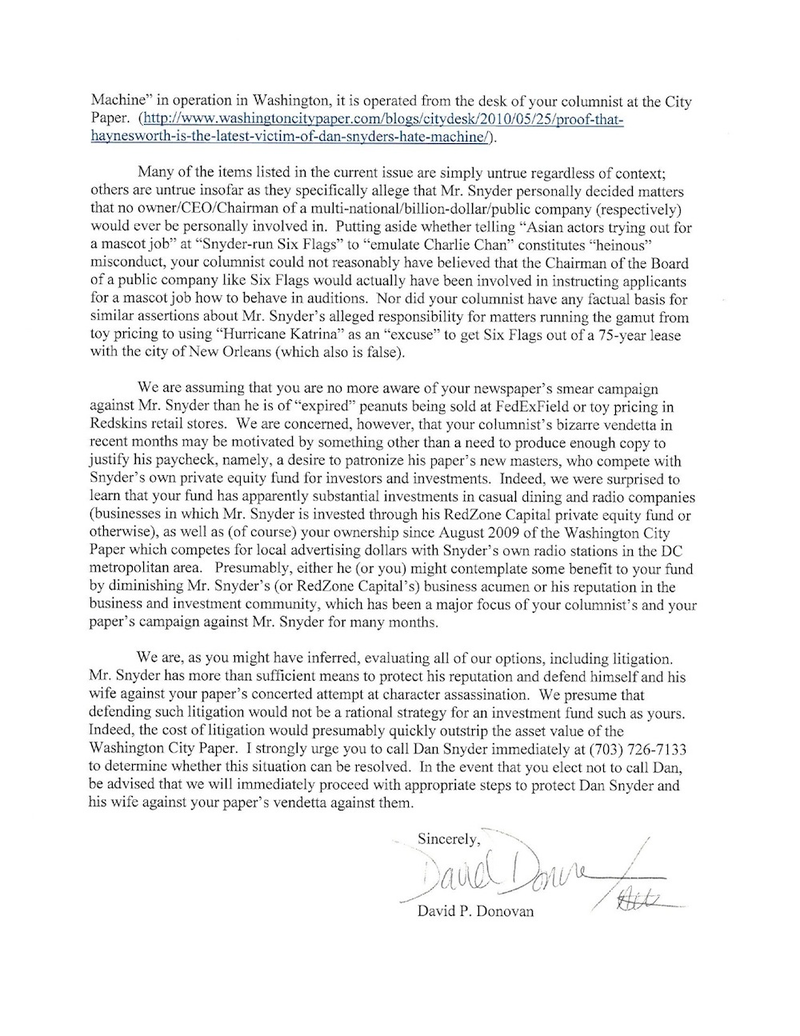Illustration for article titled D.C. Alt-Weekly Responds To Dan Snyder's Strongly Worded Letter (Letter Included)
